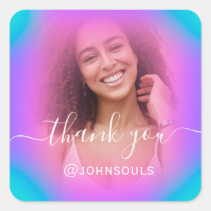 Adesivo Quadrado Obrigado Foto Neon Holográfico Rosa Bridal Sweet16