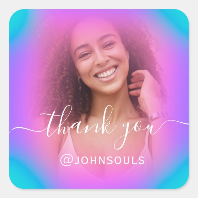 Adesivo Quadrado Obrigado Foto Neon Holográfico Rosa Casamento Swee (Frente)