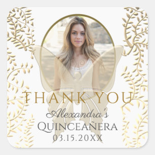 Adesivo Quadrado Obrigado, Foto Quinceanera Dourado