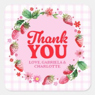 Adesivo Quadrado Obrigado Gêmeos primeiro aniversario De Morango Ju