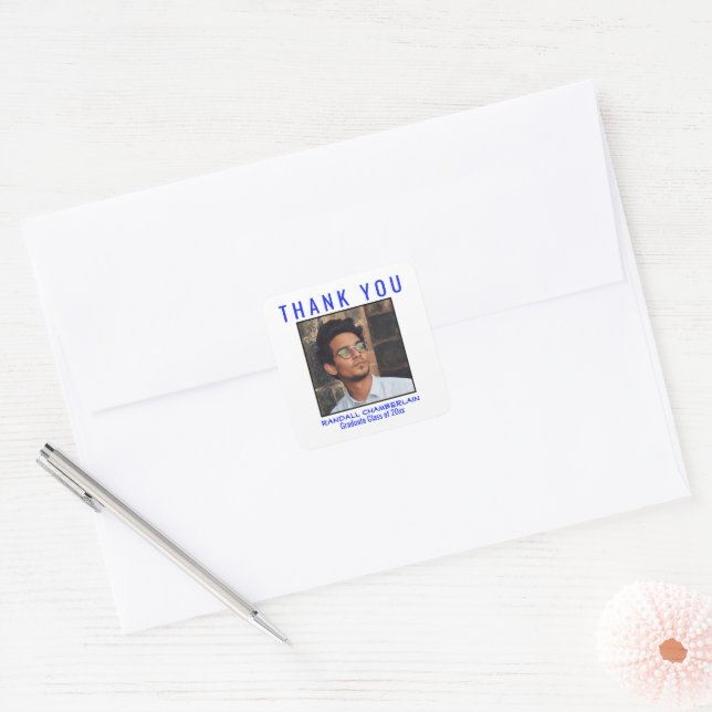 Adesivo Quadrado Obrigado Graduação Azul Brilhante Personalizado (Envelope)