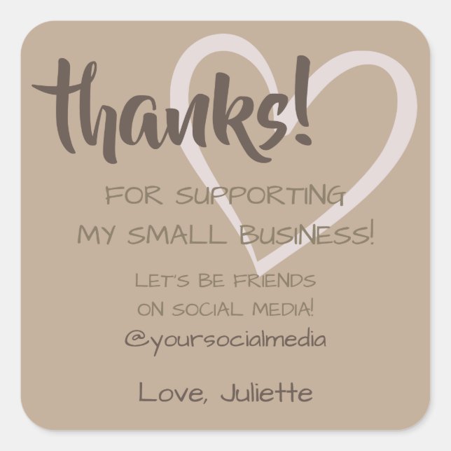Adesivo Quadrado Obrigado Heart Labels Social Media Natural Brown (Frente)