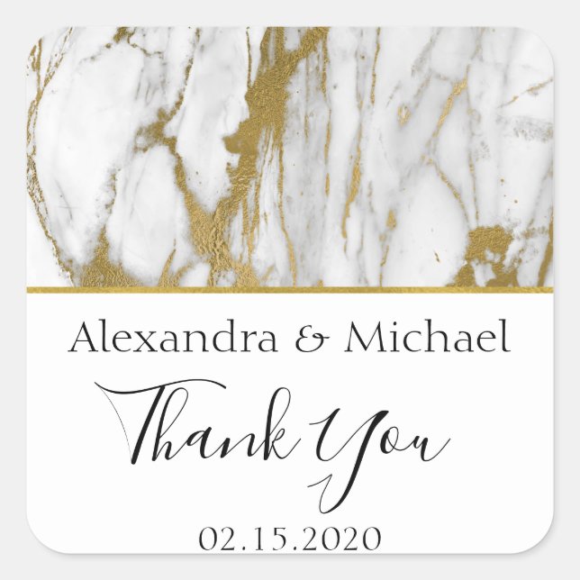 Adesivo Quadrado Obrigado Marble Elegante Branco e Dourado (Frente)