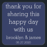 Adesivo Quadrado Obrigado Marinho Blue Modern Wedn Stickers<br><div class="desc">Obrigado marinho adesivos azuis de casamento modernos com texto personalizável</div>