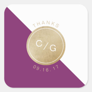 Adesivo Quadrado Obrigado moderno minimalista roxo do monograma da