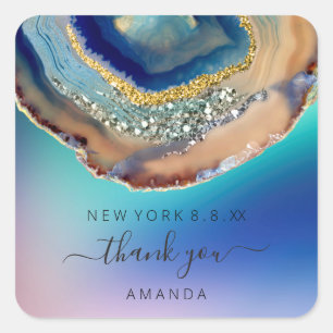 Adesivo Quadrado Obrigado Nome 16º Marinho Azul de Casamento de Bri