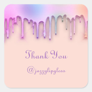 Adesivo Quadrado Obrigado Nome Gotejamento Favor Holograma Rosa