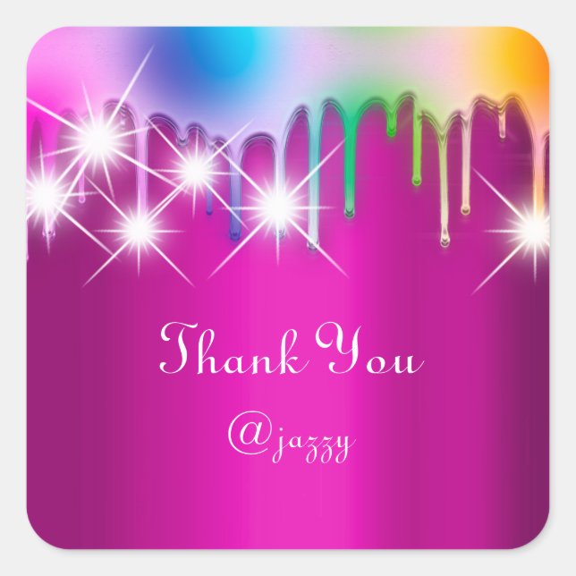 Adesivo Quadrado Obrigado Nome Gotejamento Favor Holograma Rosa Arc (Frente)