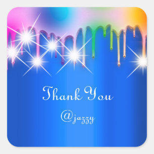Adesivo Quadrado Obrigado Nome Gotejamento Favor Holograma Rosa Azu