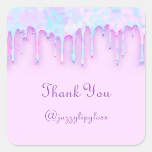 Adesivo Quadrado Obrigado Nome Gotejamento Favor Holograma Rosa Azu