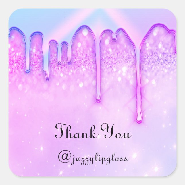 Adesivo Quadrado Obrigado Nome Gotejamento Favor Rosa Azul Brilho (Frente)