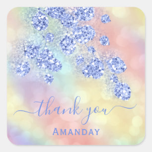 Adesivo Quadrado Obrigado Nome  Holográfico Floral Brilho Azul Poei