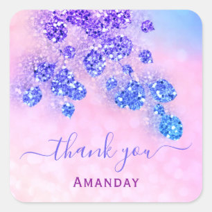 Adesivo Quadrado Obrigado Nome Holográfico Rosa Floral Marinho
