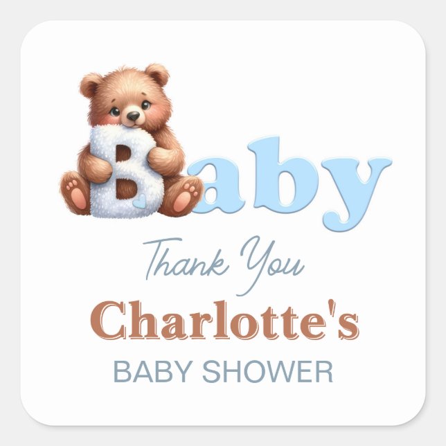 Adesivo Quadrado Obrigado pelo Chá de Bebê do Ursinho Azul (Frente)