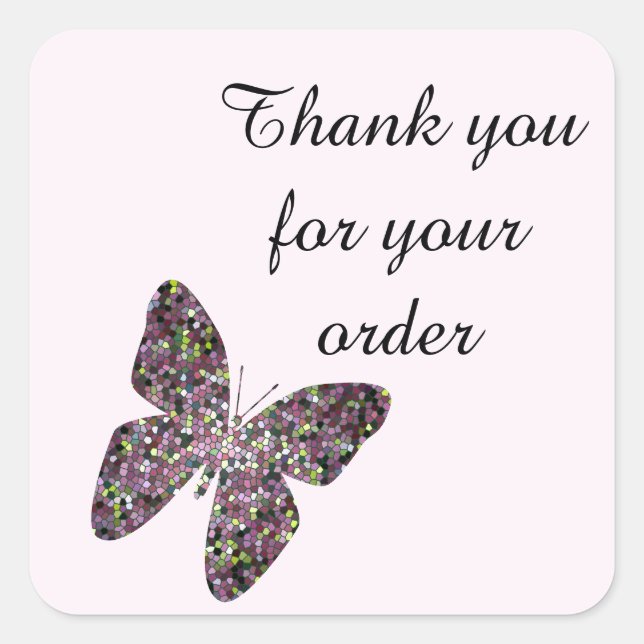 Adesivo Quadrado Obrigado pelo seu pedido com borboleta Mosaica (Frente)