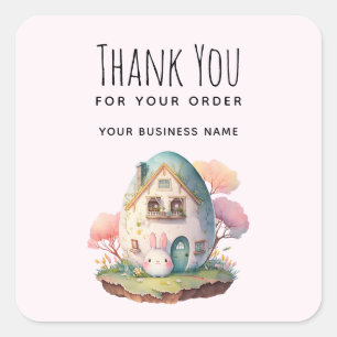 Adesivo Quadrado Obrigado pelo seu pedido, Pastel Rosa Bunny & Hous
