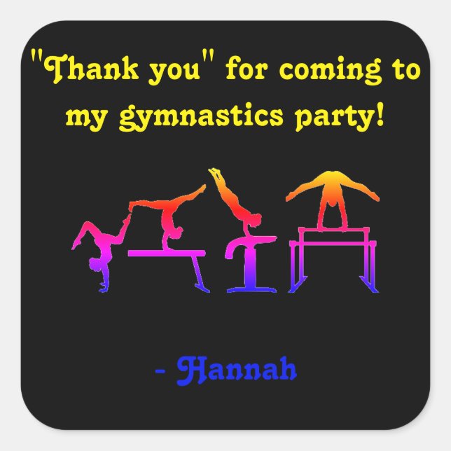 Adesivo Quadrado "Obrigado" por vir à minha festa de ginástica! (Frente)