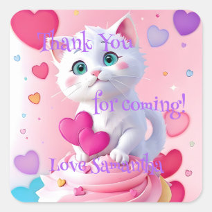 Adesivo Quadrado Obrigado por Vir Cute Fun Kitty & Cupcake Rosa