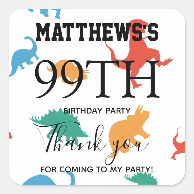 Adesivo Quadrado Obrigado primeiro aniversario Dinossaur a favor bo (Frente)