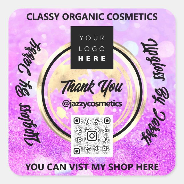 Adesivo Quadrado Obrigado QRCode Logo Mundo Terra PinkGlitter (Frente)