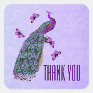 Adesivo Quadrado OBRIGADO roxo Wedding do pavão do vintage VOCÊ
