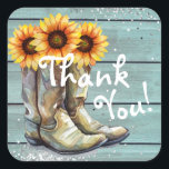 Adesivo Quadrado Obrigado, Russo País, Botas de Girassol Ocidental<br><div class="desc">Obrigado Rustic Country Western Sunflower Boots Stickers Envelope Seals apresenta uma ilustração em aquarela de botas de vaquinha cheias de girassóis com o texto "Obrigado" na tipografia moderna da escrita e acentuado com a brilha de prata. Projetado pelo Evco Studio www.zazzle.com/store/evcostudio</div>