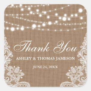 Adesivo Quadrado Obrigado rústico do laço das luzes da corda de