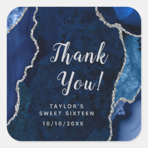 Adesivo Quadrado Obrigado Sweet Sixteen em Azul Marinho e Ágata Pra
