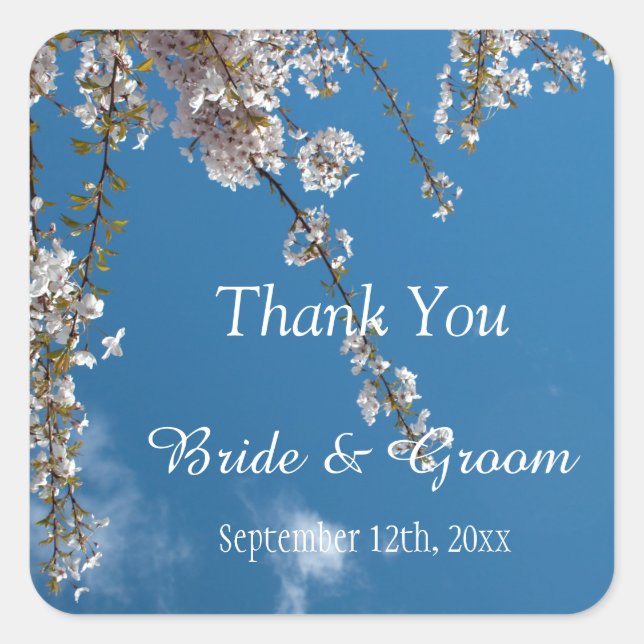 Adesivo Quadrado Obrigado, varetas de casamento, flor de cereja (Frente)