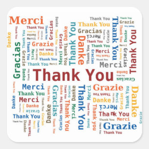 Adesivo Quadrado Obrigado Word Cloud em 5 idiomas