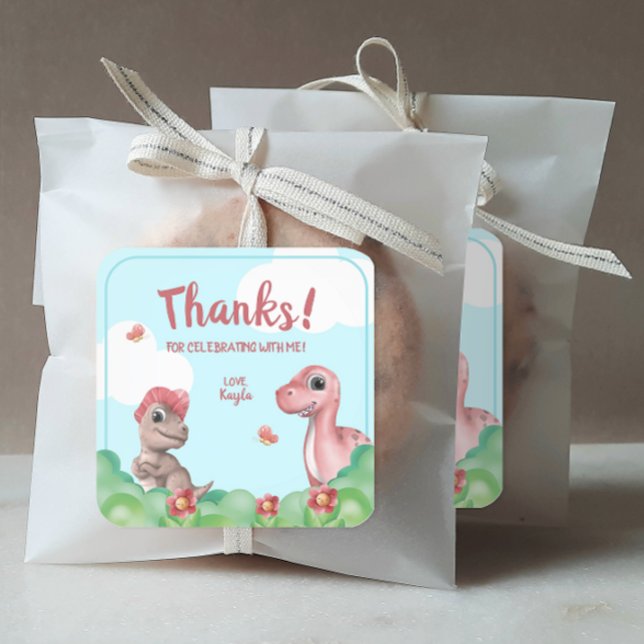Adesivo Quadrado Obrigados de aniversário do dinossauro feminino (Personalized Girl's Dinosaur Birthday Party Stickers)