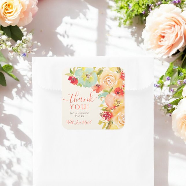 Adesivo Quadrado Obrigados de chás de panela florais de aquarelas B (Boho Fall floral watercolor bridal shower thanks Square Sticker)
