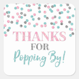 Adesivo Quadrado Obrigados de Confetti Azul Rosa-Prateado para Pop-