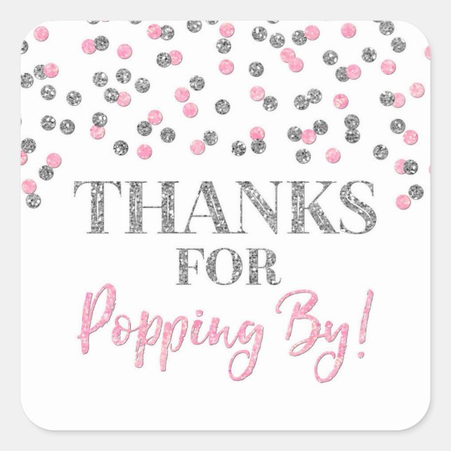 Adesivo Quadrado Obrigados de Confetti Rosa Prateado para Pop by (Frente)