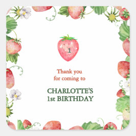 Adesivo Quadrado obrigados de primeiro aniversário de morango neutr