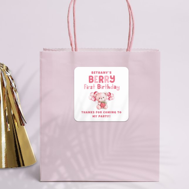 Adesivo Quadrado Obrigados do partido Berry First Birthday Strawber (Criador carregado)