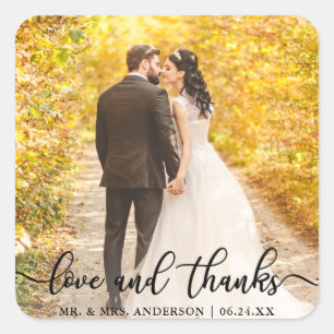 Adesivo Quadrado Obrigados e amor do roteiro de casamento Foto Blk