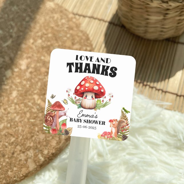 Adesivo Quadrado Obrigados Fungi Mushroom Moth Chá de fraldas (Love and Thanks Fungi Mushroom Moth Baby Shower )