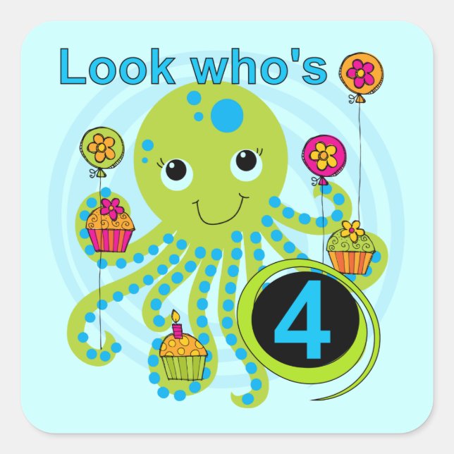 Adesivo Quadrado Octopus 4th Birthday T shirts e presentes (Frente)