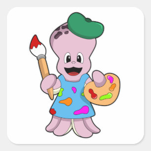 Adesivo Quadrado Octopus como Pincel com Pincel de Tinta