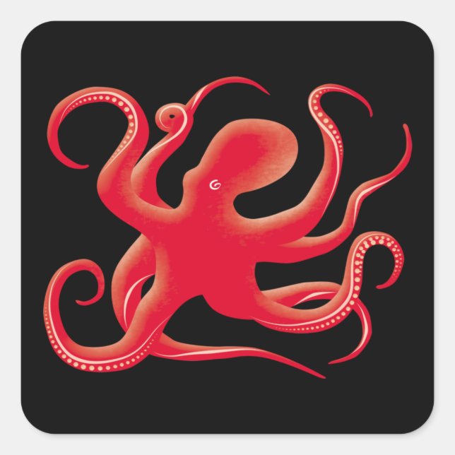 Adesivo Quadrado Octopus de arte de vetor vermelho simples Silhouet (Frente)