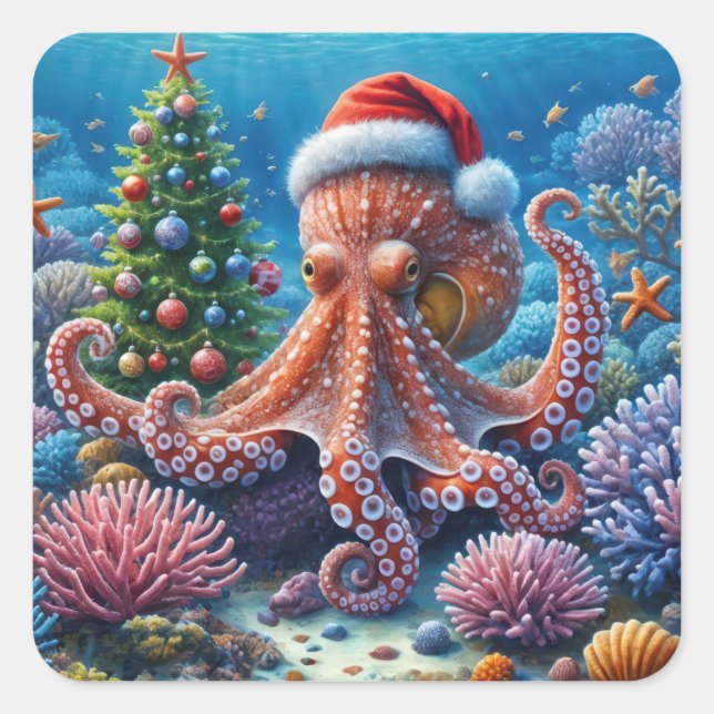 Adesivo Quadrado Octopus de Natal Vestindo um Chapéu Santa (Frente)