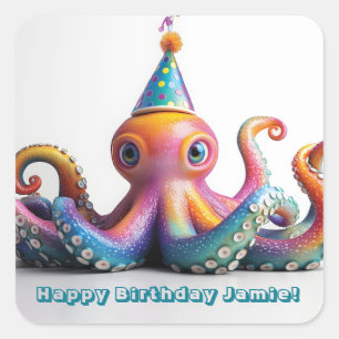 Adesivo Quadrado Octopus do Partido - Design de Aniversário Bonito
