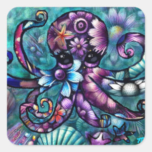 Adesivo Quadrado Octopus Floral Teal Roxo Azul Costeira