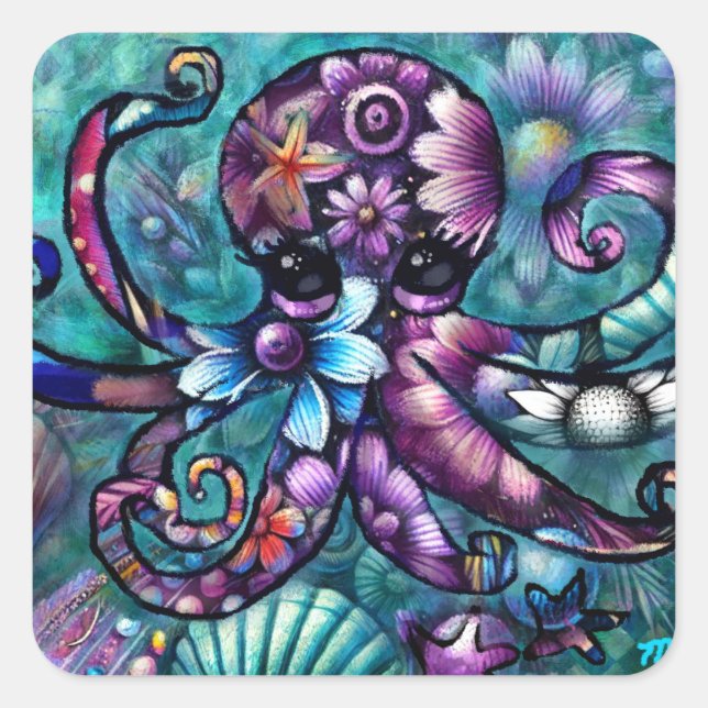 Adesivo Quadrado Octopus Floral Teal Roxo Azul Costeira (Frente)