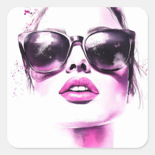 Adesivo Quadrado Óculos de Sol Femininos de Moda em Aquarela Rosa C