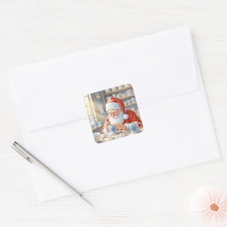 Adesivo Quadrado Oficina de Papai Noel em Aquarela Vermelha Rústica