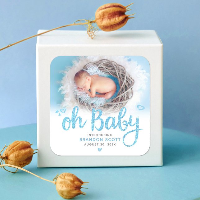 Adesivo Quadrado Oh Baby Blue Script Sweet Modern Birn Photo (Criador carregado)