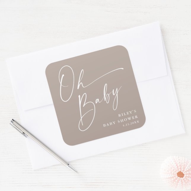 Adesivo Quadrado Oh Baby Script Modern Neutral Chá de fraldas (Envelope)