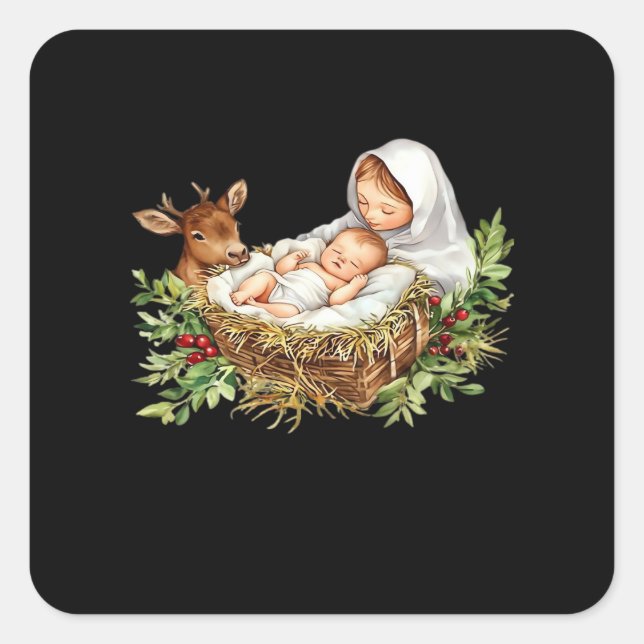 Adesivo Quadrado Oh Deer Mary Nativity Scene Christmas Jesus   (Frente)